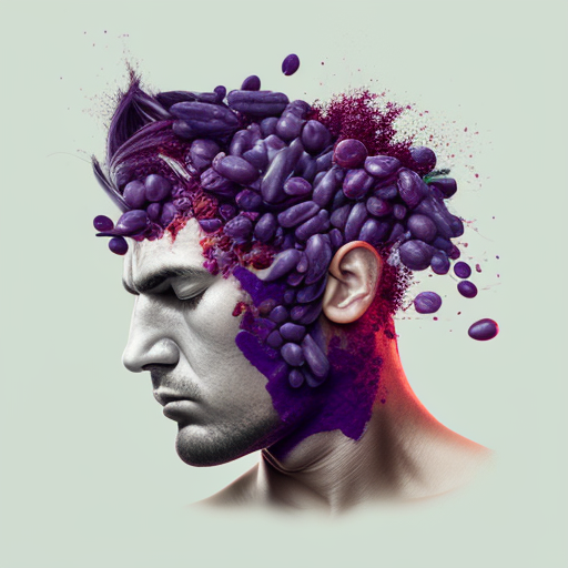 Side profile of a man's head. Top part of his head is covered in grapes.