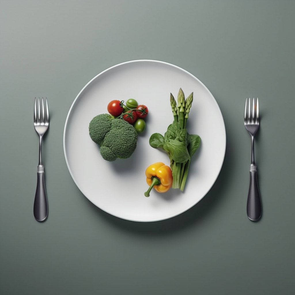 Valter Longo Diet. Top view of healthy vegetables on a plate with silverware on the side