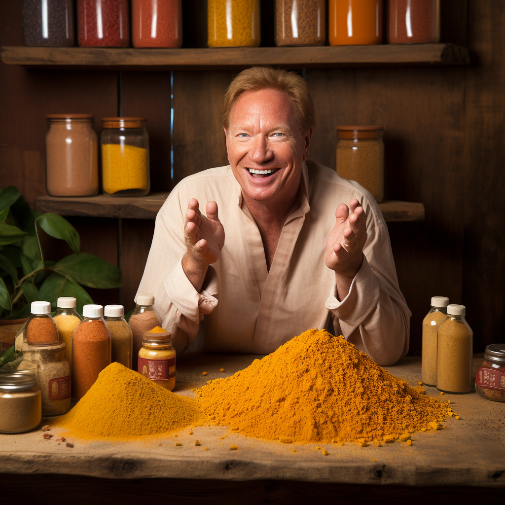 A man standing behind a wooden that has a big ammount of turmeric powder spread all over it.