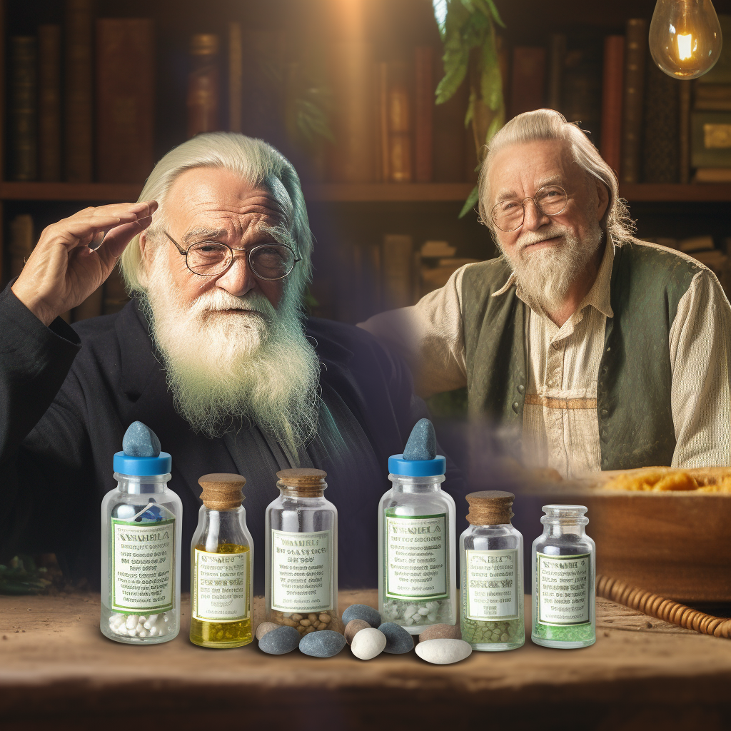 Two men sitting side by side with supplements Apigenin and Spermidine on the table in front of them