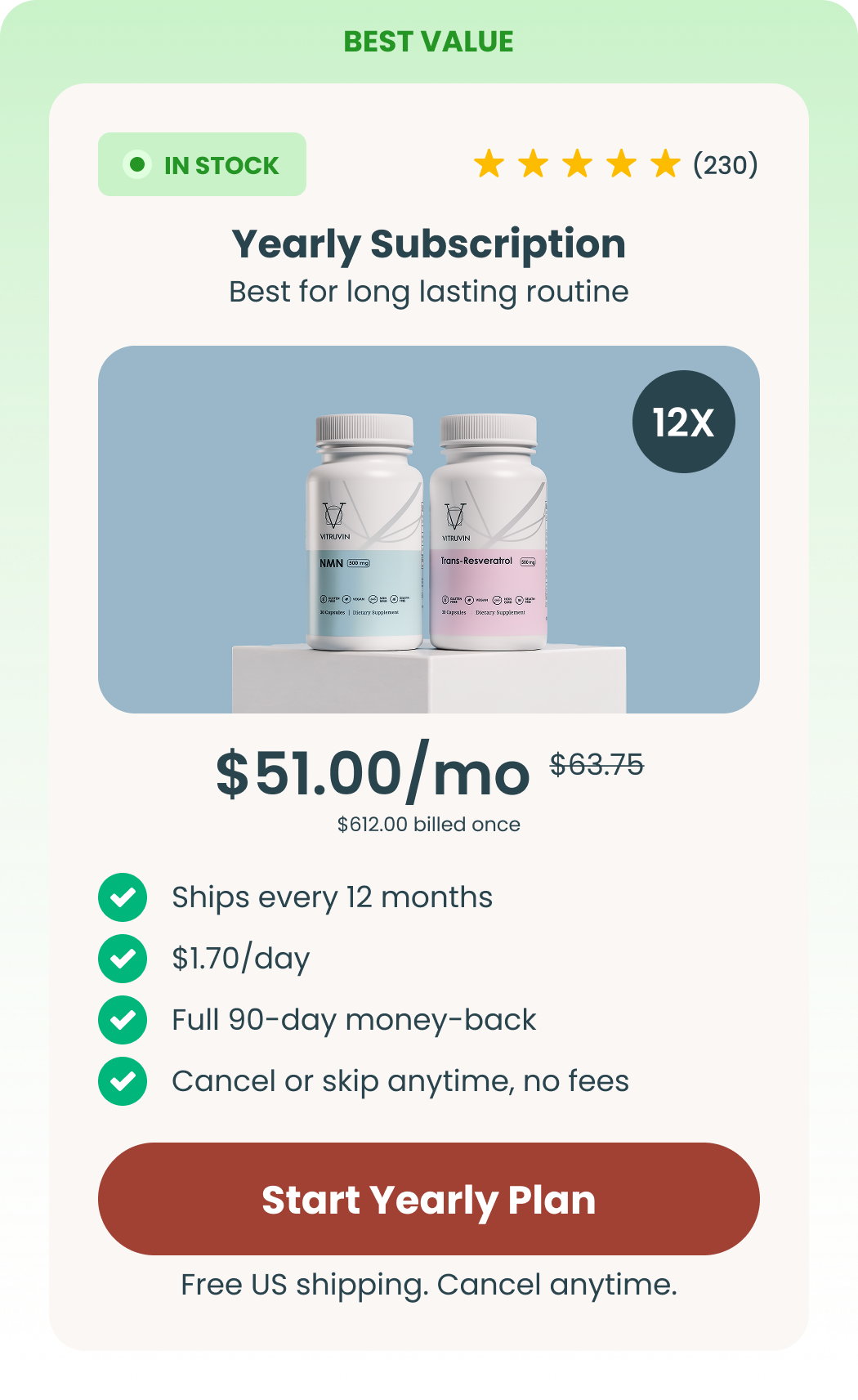 Yearly Subscription — $51.00 per month, was $63.75, $612.00 billed once. Ships every 12 months. Full 90-day money-back guarantee.