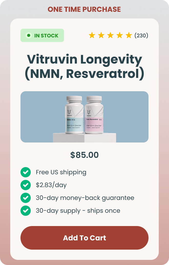 One time purchase — Vitruvin Longevity, NMN and Trans-Resveratrol, $68.00, was $85.00. 30-day supply, ships once. 30-day money-back guarantee.