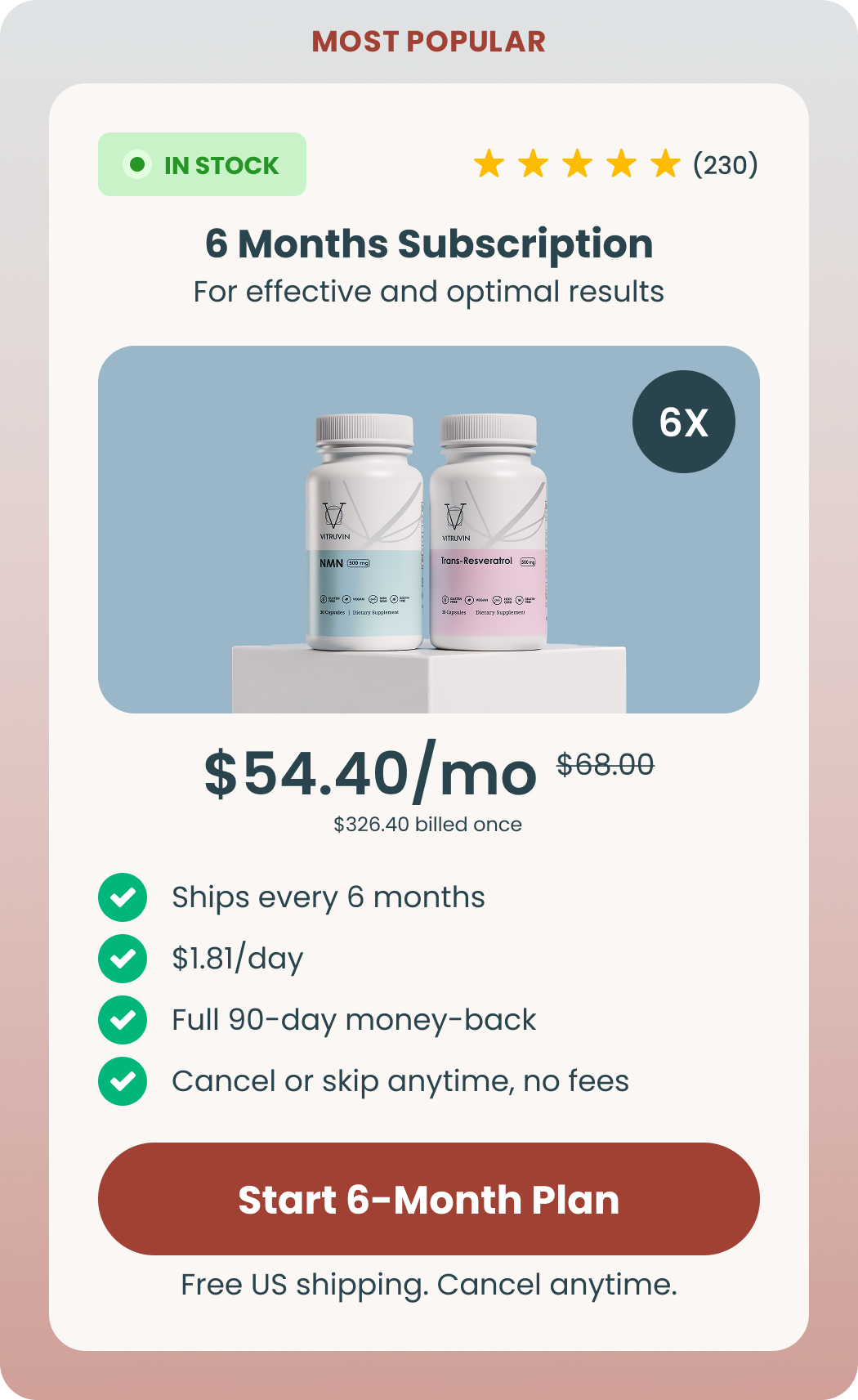 6 Months Subscription — $54.40 per month, was $68.00, $326.40 billed once. Ships every 6 months. Full 90-day money-back guarantee.